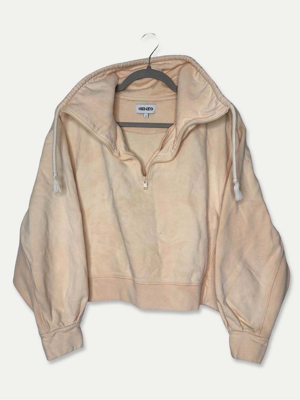 KENZO Paris Cropped Half Zip Funnel Neck Sweatshirt Orange Cream Size L